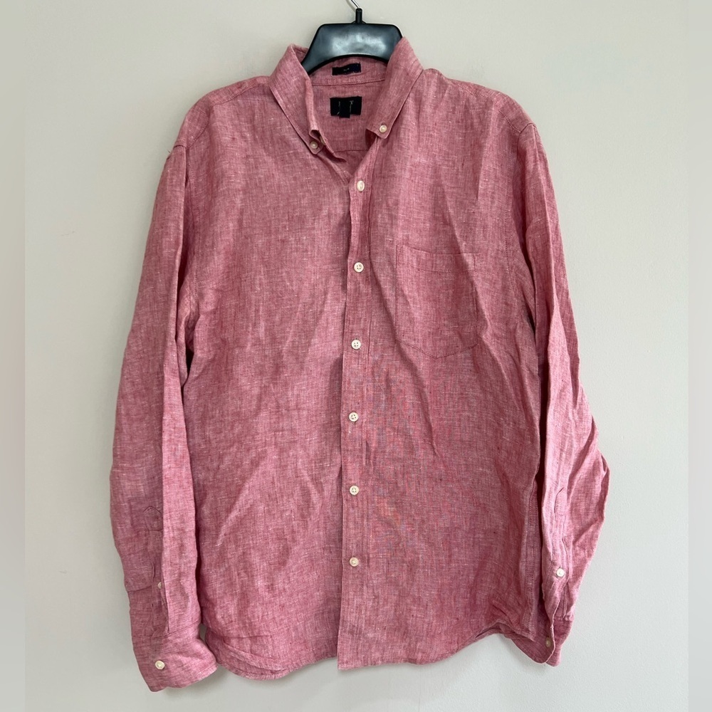 J. CREW Men's 100% Linen Slim Cut Button-Up Long Sleeve Shirt Pink Red, Medium